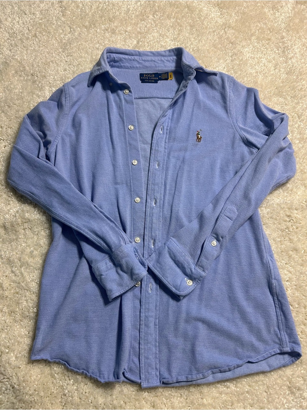 Polo Ralph Lauren Women’s Blue Long-Sleeve Button-Up Shirt Medium Knit Oxford